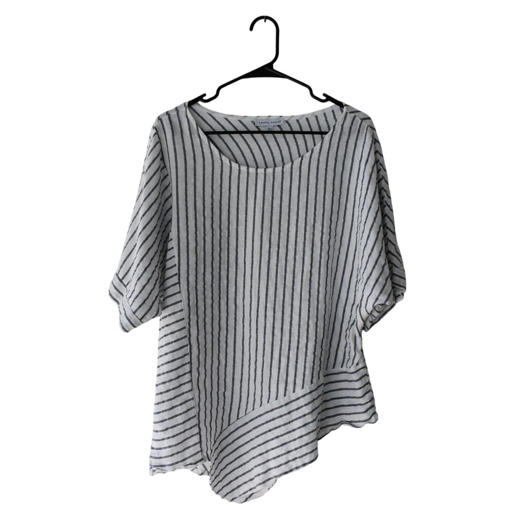 TEMPO PARIS Striped Asymmetrical Hem 100% Linen Tunic‎ Top Women's M/L